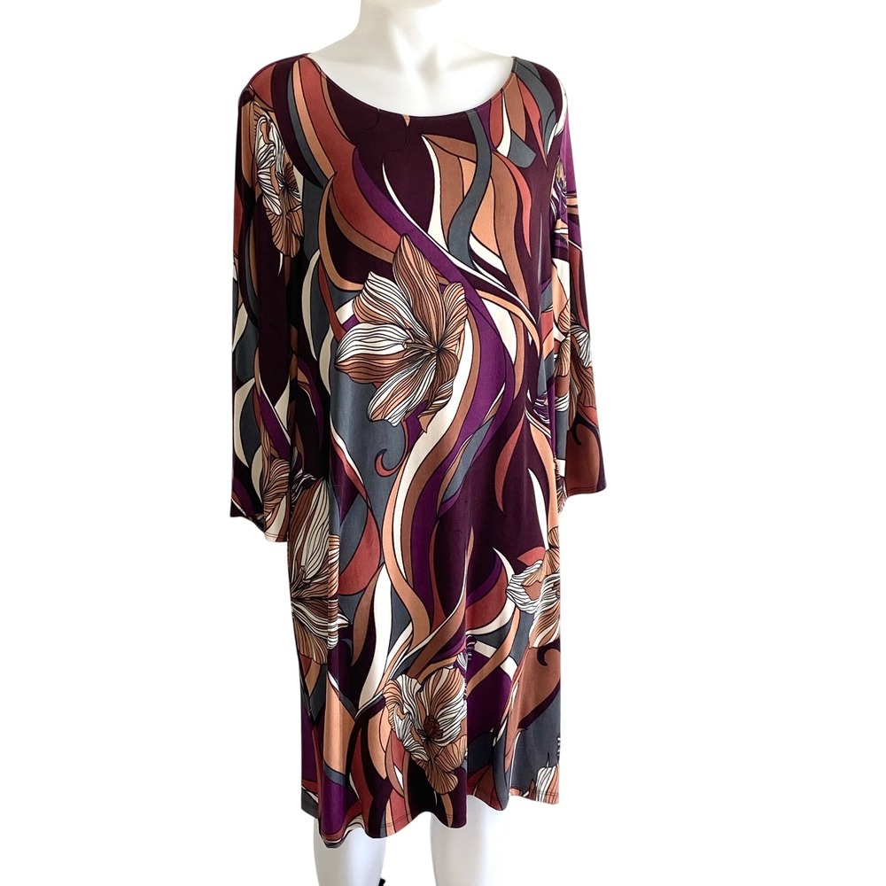 Chicos Travelers Baroque Floral Printed Dress 3P Petite Multi Color 3/4 Sleeve